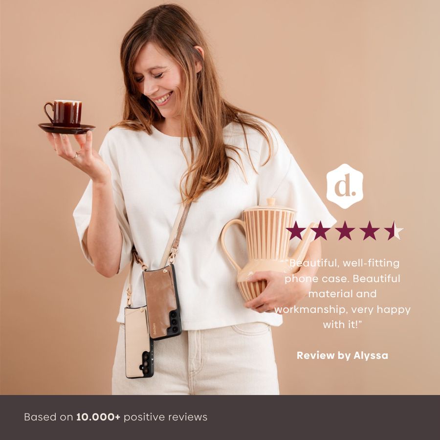 Woman holding coffee and teapot with Samsung Case | Mocha featuring cardholder, showcasing positive review from Alyssa.