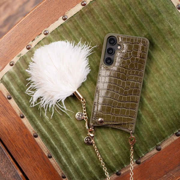 Samsung Case | Olive Green with cardholder and fluffy charm on wooden surface.
