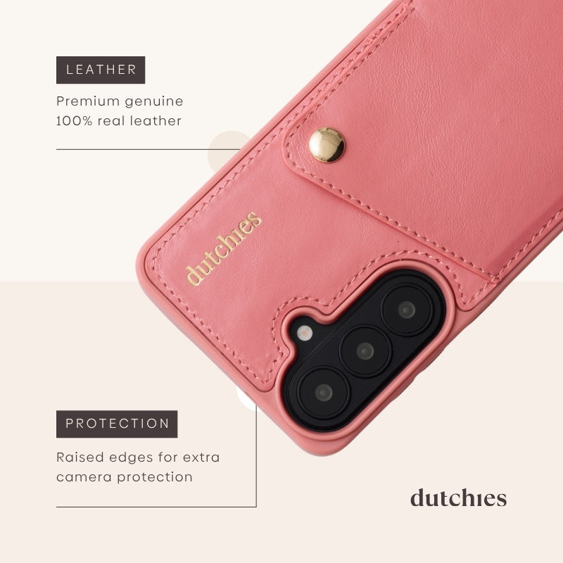 Samsung-Hülle | Pink mit hochwertigem Echtleder und erhöhten Kanten für zusätzlichen Kameraschutz.