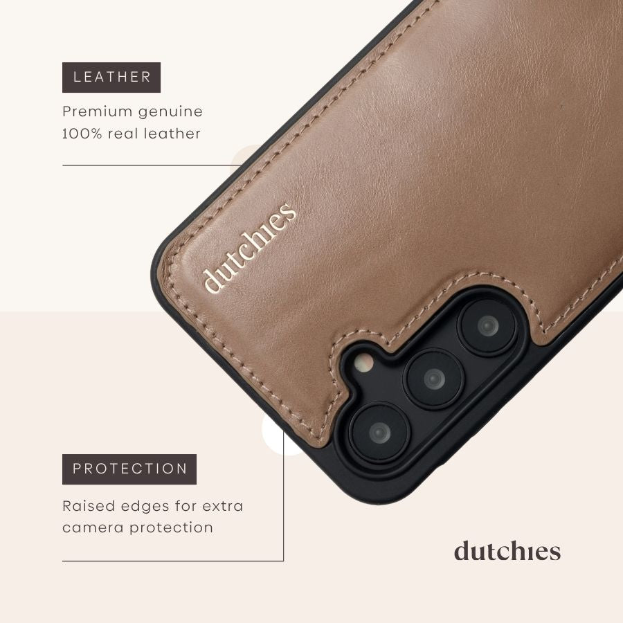 Samsung-Hülle | Mocha zeigt hochwertiges Echtleder und erhöhte Kanten für den Kameraschutz.