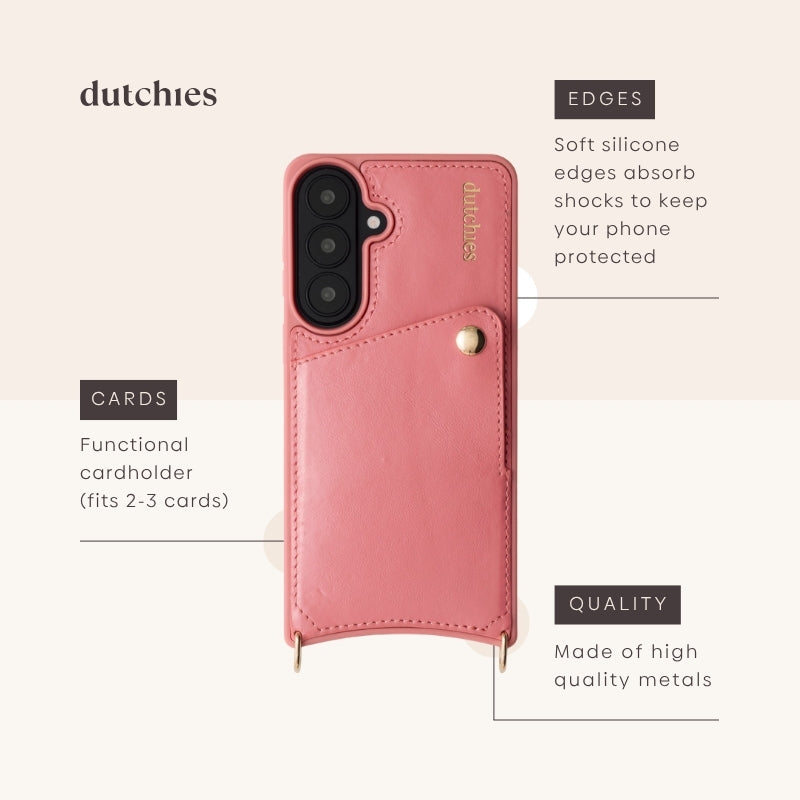 Samsung-Hülle | Pink mit handgefertigtem Design aus echtem Leder, Kartenfach und stoßdämpfenden Kanten.