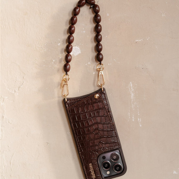 Phone Charm | Beaded | Sia - Dark Brown Beaded Mobile Phone Charm with crocodile texture and gold accents.
