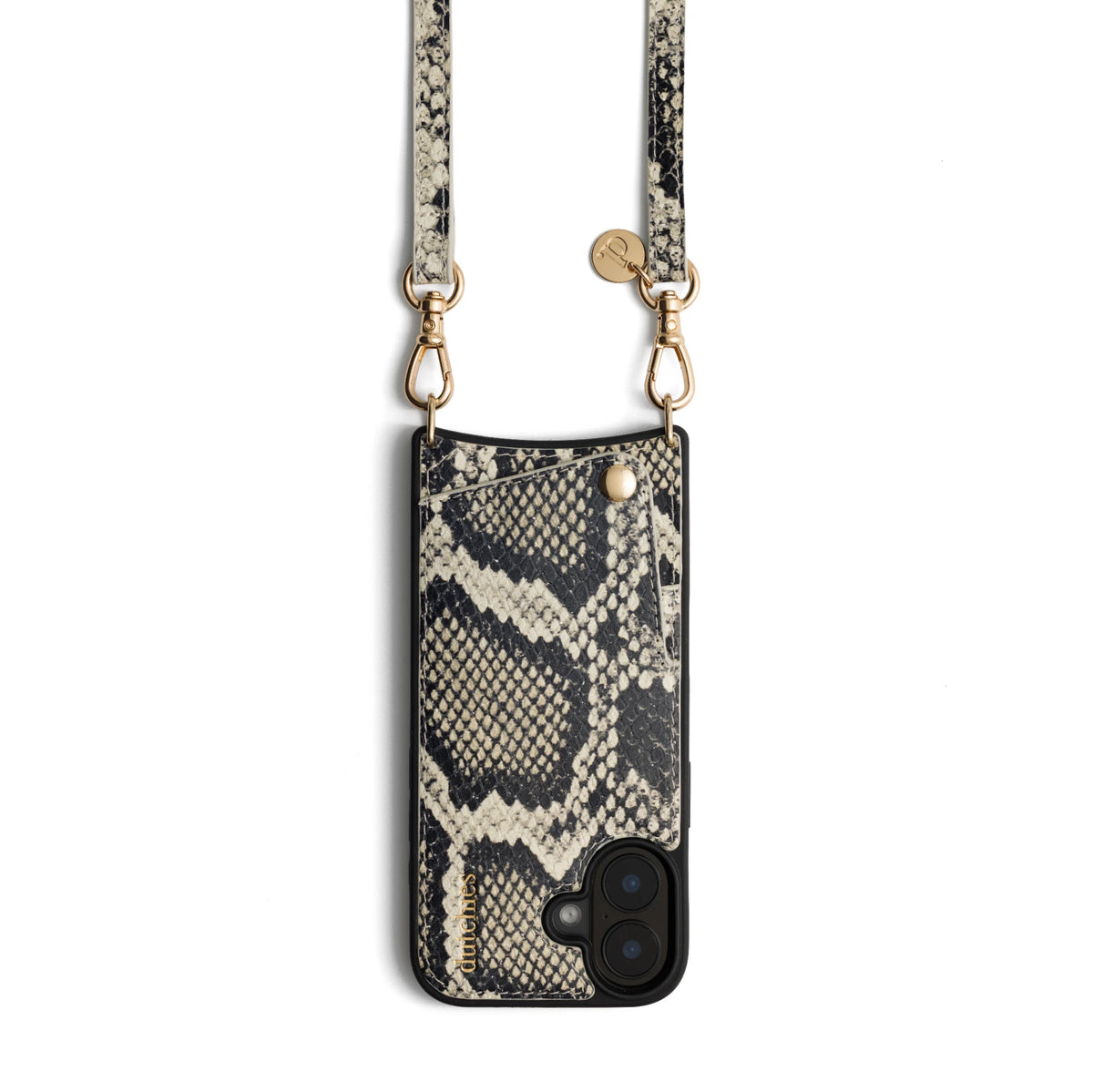 Phone Strap | Slimline | Snake elegantly showcasing a black and cream snake print design, ideal for hands-free convenience.