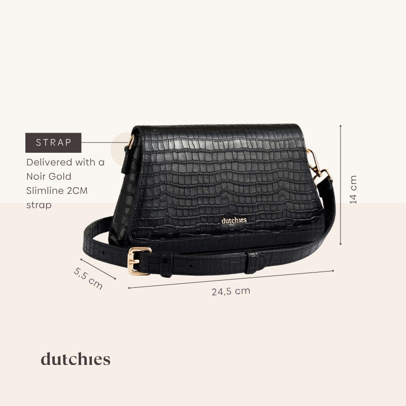 Sophie Crossbody Bag | Noir Gold med en stilfuld, slank rem, perfekt telefonpose til enhver lejlighed.